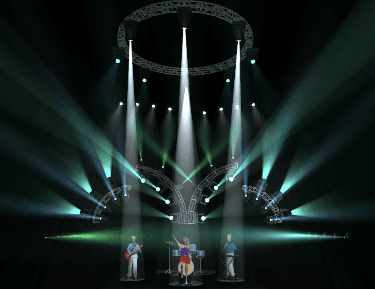 Lighting previsualisation render with truss, beams, and performers on stage.